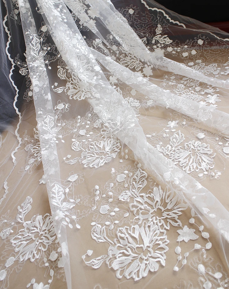 sequins whole piece embroidery lace fabrics full piece flowers with sequince bridal dress  lace