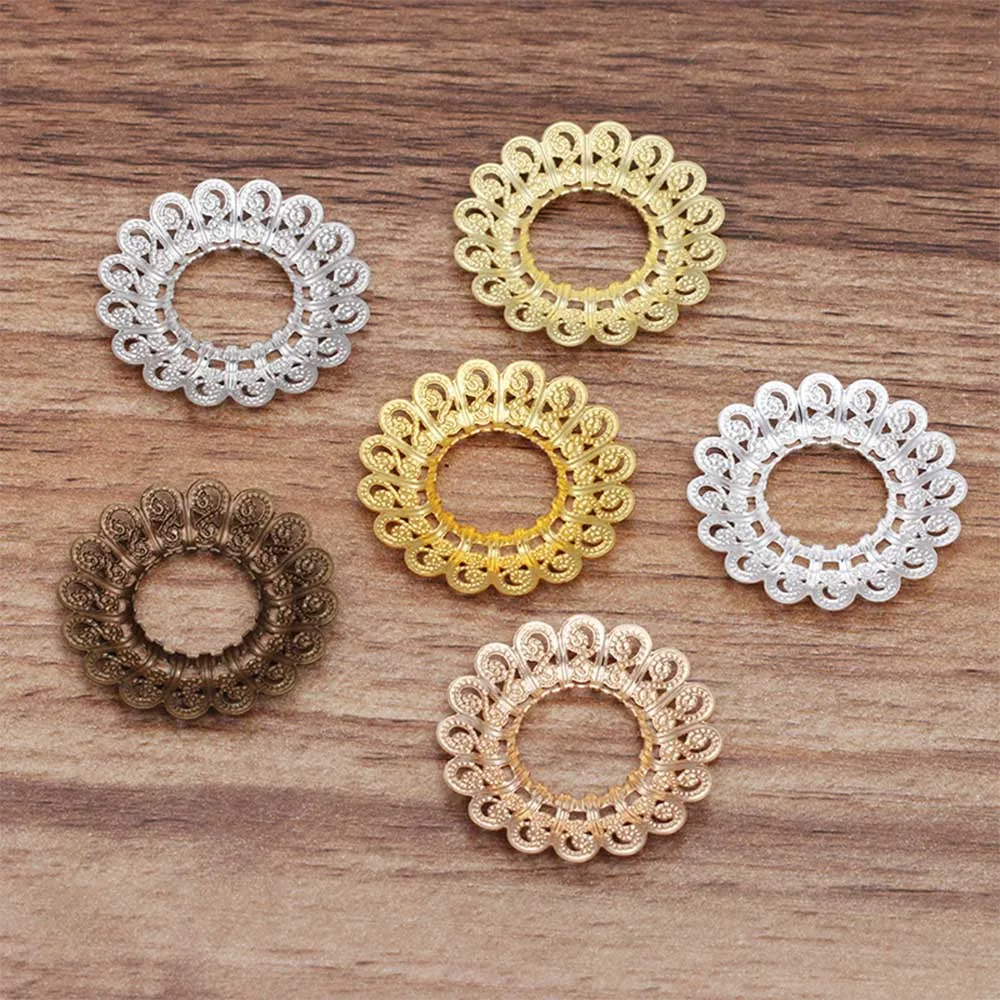 10pcs/lot 30mm Round Flower Brass Filigree Base Parts For Jewelry Making Supply Hairwear Connector Earrings Charm Findings  0550