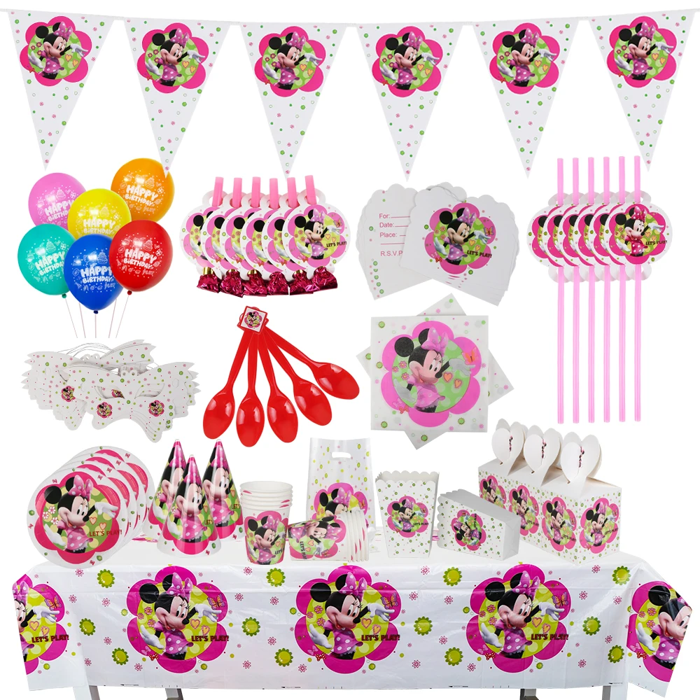 Disney Minnie Mouse Theme Birthday Party Supplies Cup Plate Napkin Tablecloth Kids Girl Decoration Disposable Tableware Set