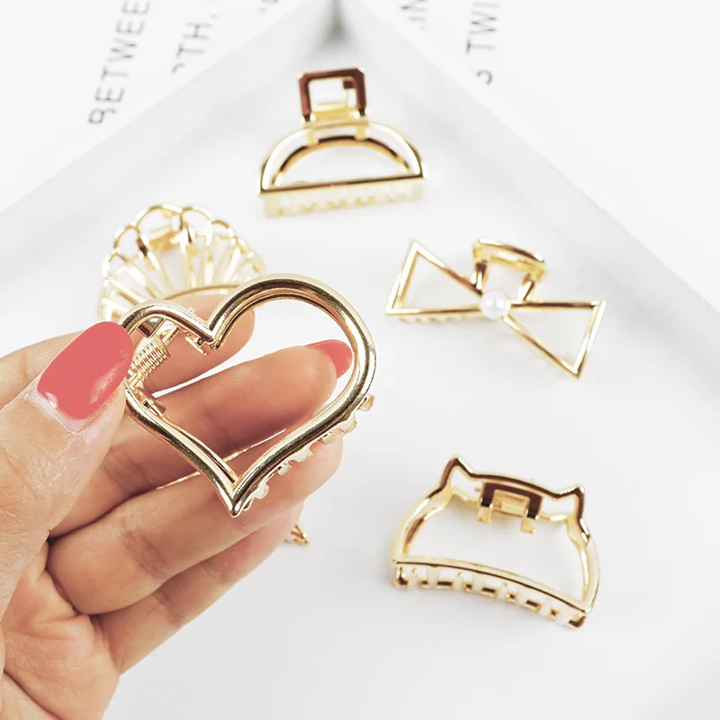 Small Minimalist Hair Claw Clips Metallic Gold Hollow Out Geometric Ponytail Holder Clamp Seashell Heart Bowknot Barretteses