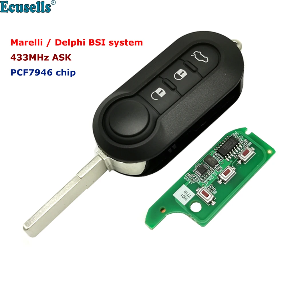 

Ecusell 3 Button Remote Car Key ASK 433Mhz For Fiat 500 Grande Punto Doblo Qubo Marelli BSI or for-Delphi BSI PCF7946 Chip