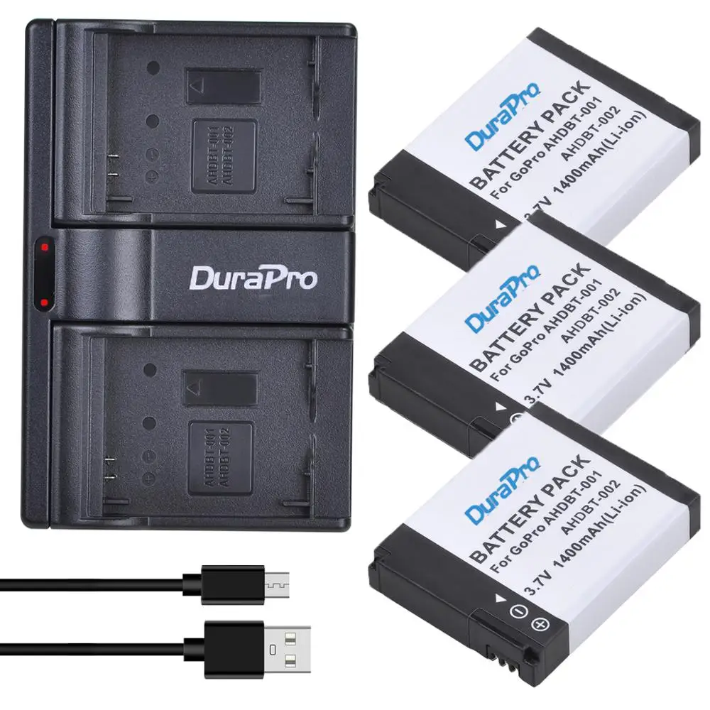 DuraPro 1400mAH AHDBT-001 AHDBT-002 Camera Battery+USB Dual Charger for GoPro Hero 1 2 Go pro Hero 1 2 1080p 960 NIB Camera