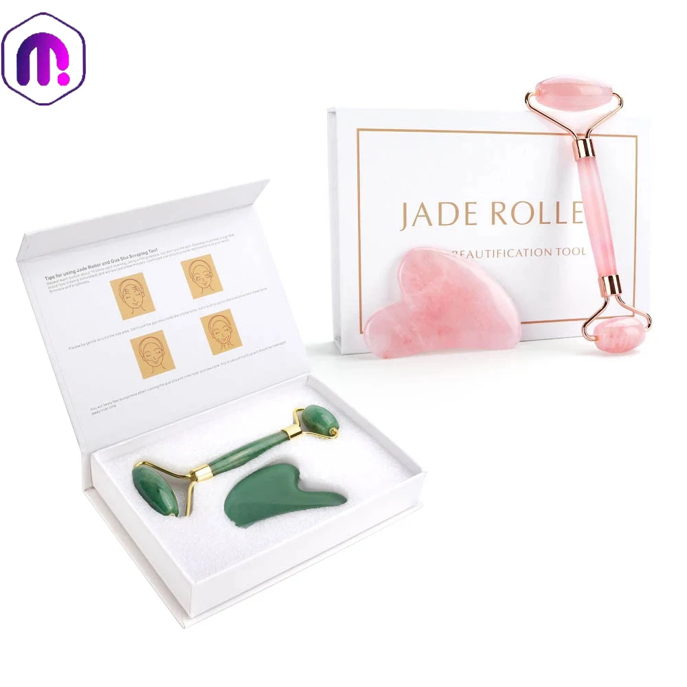 Natural Rose Quartz Jade Roller Gua Sha Set Facial Body Massager Roller Jade Stone Massage Set Face Lifting Beauty Massage Tool