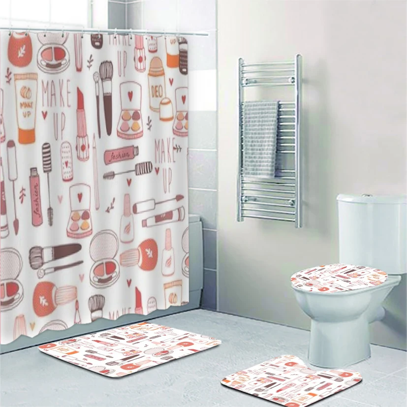 Cute Cartoon Make Up Cosmetics Doodle Bathroom Shower Curtain and Rug Set for Girl Bathroom Toilet Mat Carpet Eyelash Lipsticks