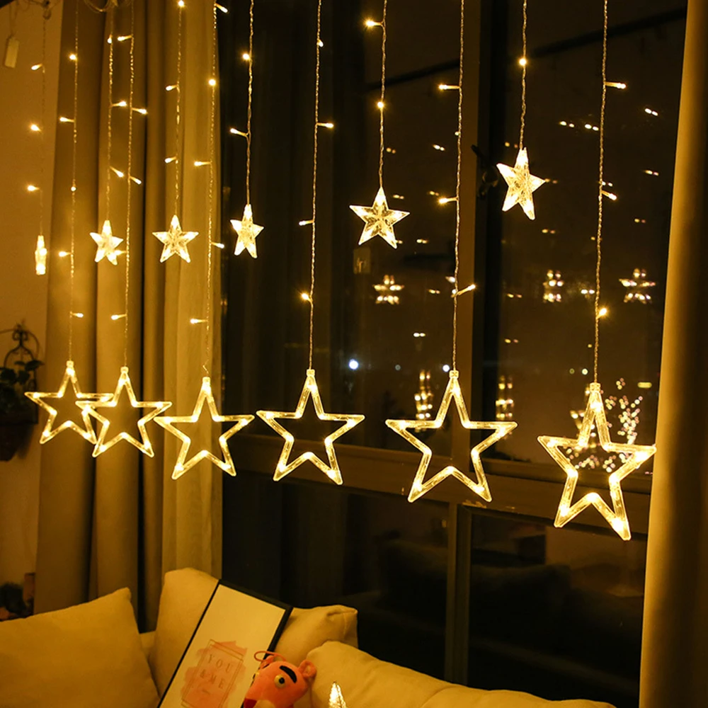 12 Stars 138 LEDs Window LED Star Curtain String Lights for Wedding Christmas Holiday Party Backdrops Home Garden Outdoor P45