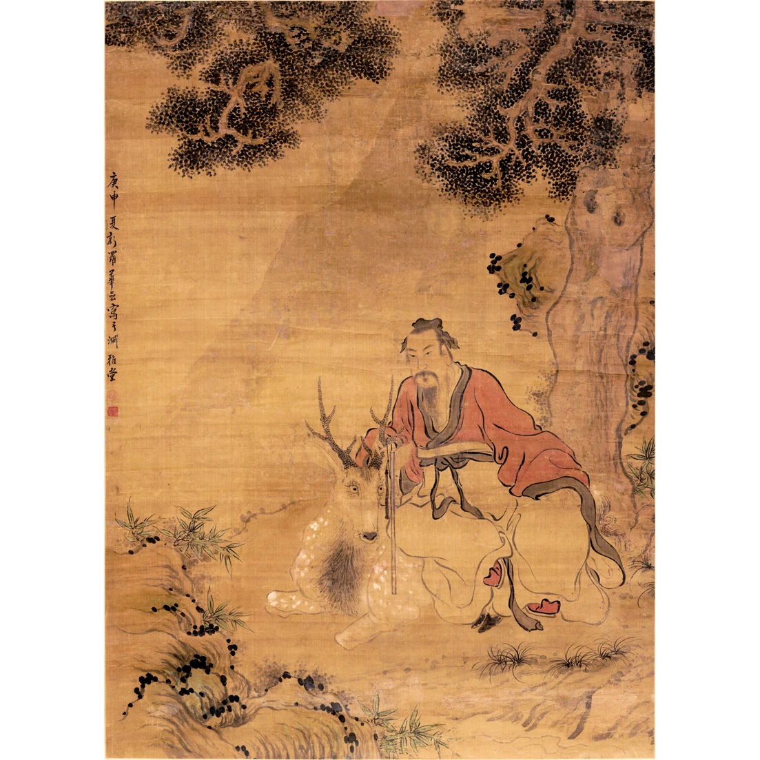 Canvas Prints Traditional Chinese Painting Masterpiece Reproduction Deer Fairy under Pine Tree by Yan Hua