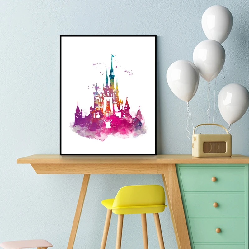 Watercolour Princess Castle Canvas Art Prints And Poster Magic Kingdom Princess Castle Canvas Painting Decor картины obrazy