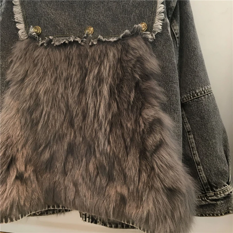 2023 winter new chic patchwork real fox fur denim jacket female thick warm fur parka metal buttons raw edge chain padded jacket