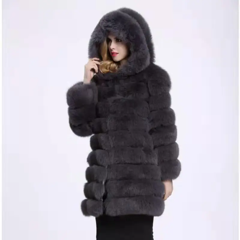 Jaqueta com capuz destacável feminina, Bolso Real Fox Fur, Colete Longo, Moda, Grosso, Quente, Destacável, Deformação