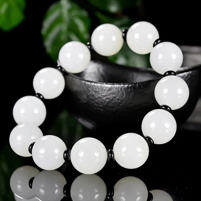 

Zheru Jewelry Natural Hetian Jade White Round Bead Bracelet Jewelry Bracelet for Men and Women