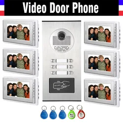 6 Units Apartment Intercom System Video Intercom Video Door Phone Kit HD Camera 7 Inch Monitor with RFID keyfobs for 6 Household