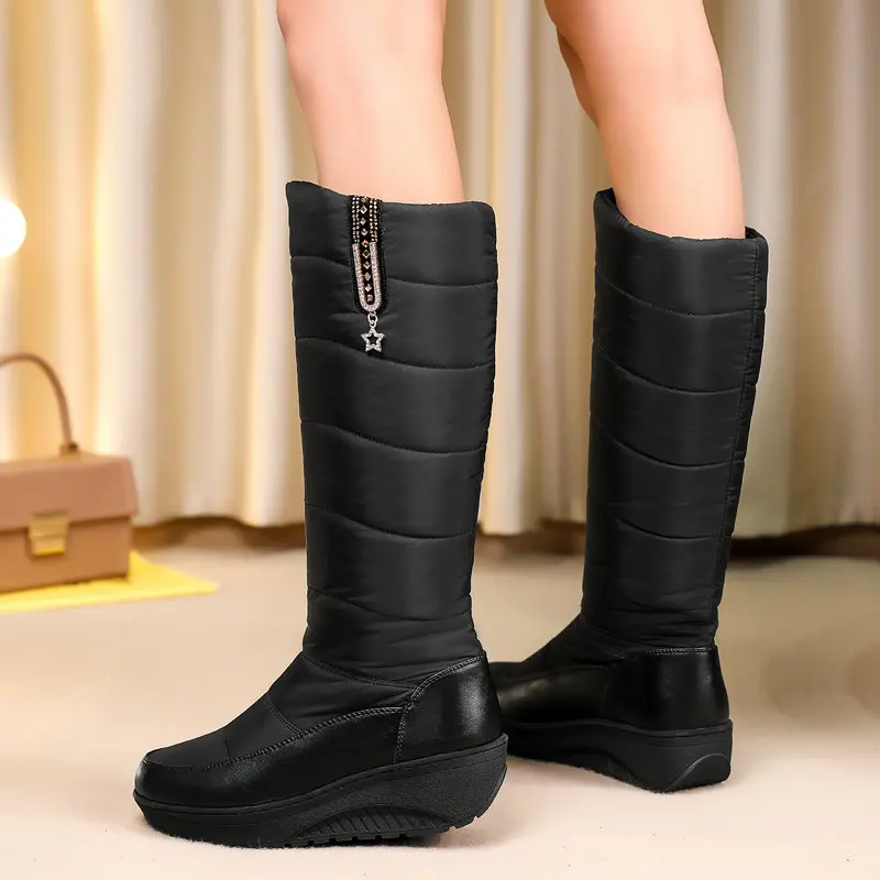 Winter Women Snow Boots Knee High Boots Warm Plush Star Crystal Waterproof Platform Shoes PU Patchwork Down Cloth Footwear