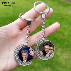 Rock Star Johnny Hallyday Key Chain Bag Pendant Double Sided Moon Pendant Rotated Key Ring Exquisite Keyring Gift