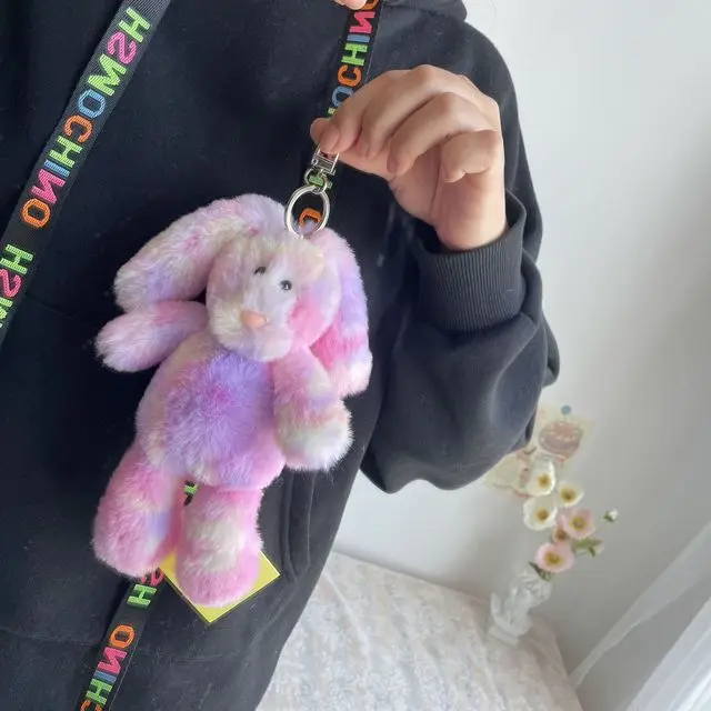 Rainbow Bunny Plush Toy Keychain For Decoration Bag Colorful Cat Soft Animal Stuffed Toys Key Chain