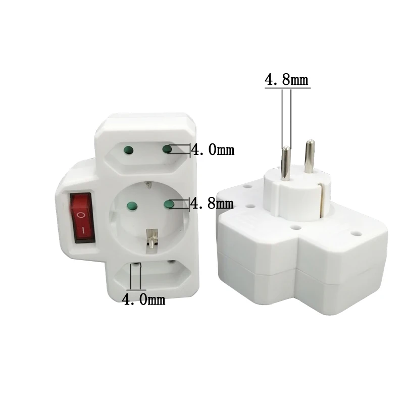 Tomada de tomada europeia 1 a 3 maneiras divisor 4.0mm/4.8mm soquete para 4.8mm plug euro rússia alemanha coreia viagem adaptador de alimentação plug
