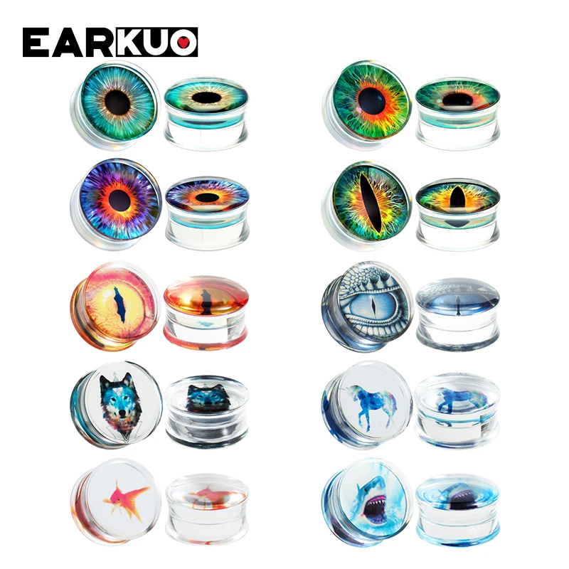 EARKUO Popular Eyeball Animal Transparent Acrylic Ear Plugs Gauges Body Piercing Jewelry Ear Tunnels Stretchers For Unisex 2PCS