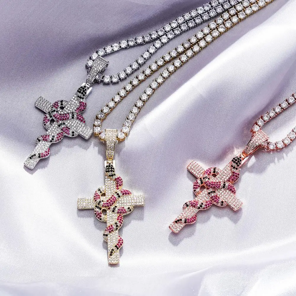 TOPGRILLZ New Snake Winding Cross Pendant Necklace Iced Out Cubic Zirconia Pendant Christmas Halloween Hip Hop Jewelry Gifts