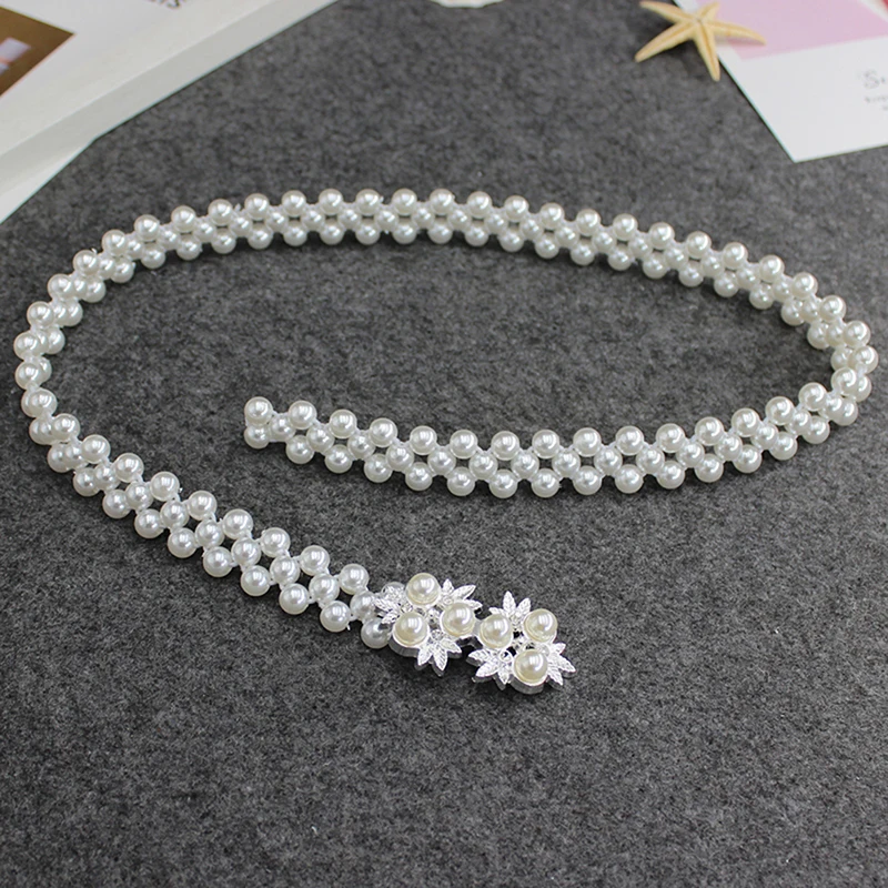 Versatile Waist Belts Pearl Bow Flower Waist Chain Dress Sweety Women Belt Wedding Designer Pearl Female Waistband