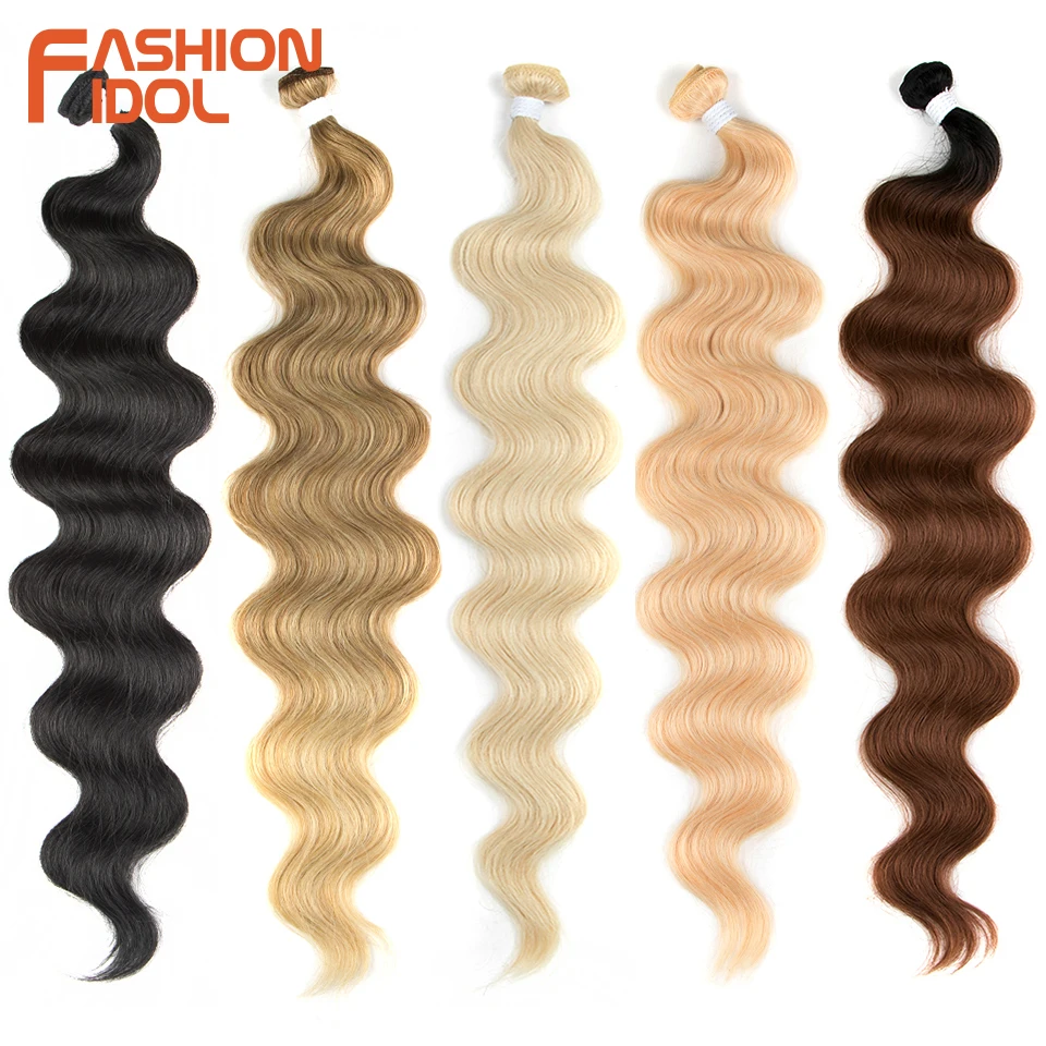 FASHION IDOL Body Wave Ponytail Hair Bundles 26 Inch Soft Long Synthetic Hair Weave Ombre Brown 613 Blonde 100g Hair Extensions