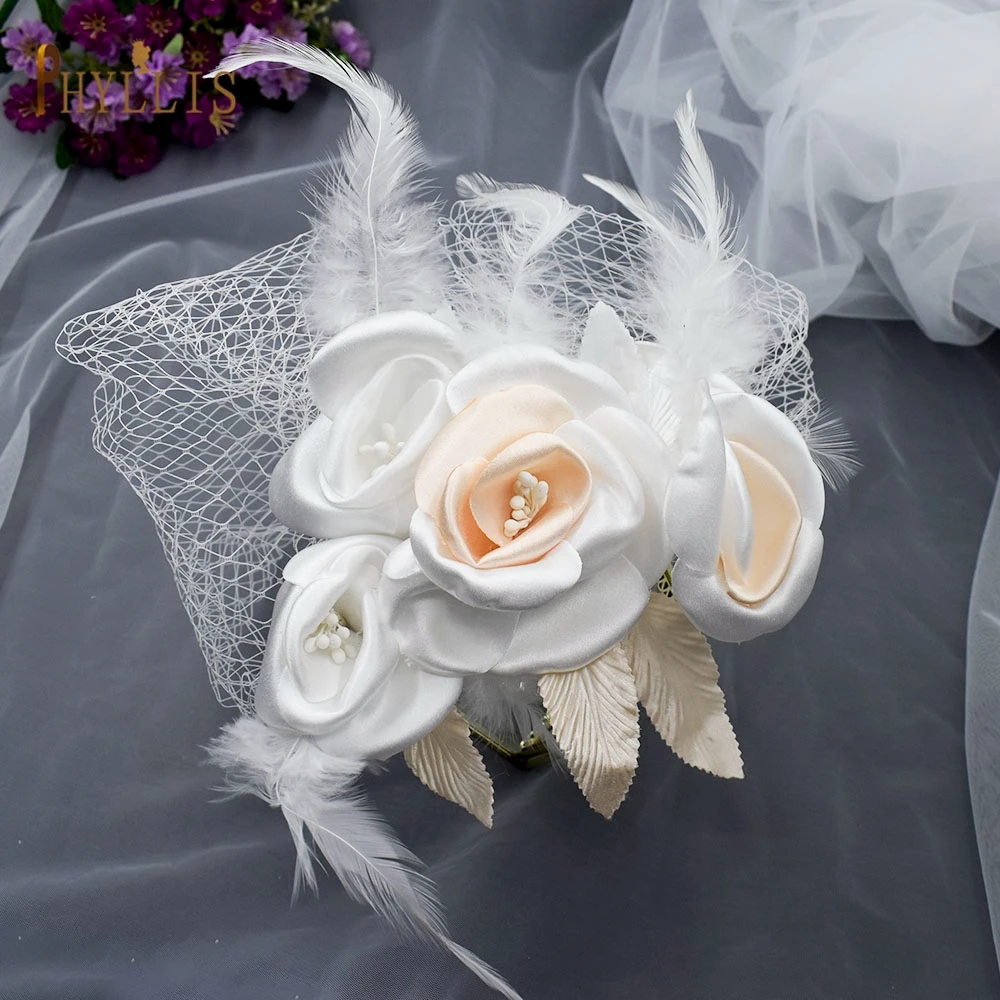 JM01 Bridal Birdcage Veil Blusher Veil Feather Flower Short Veil Party Wedding Veil White Fascinator Bride Hats With Veil