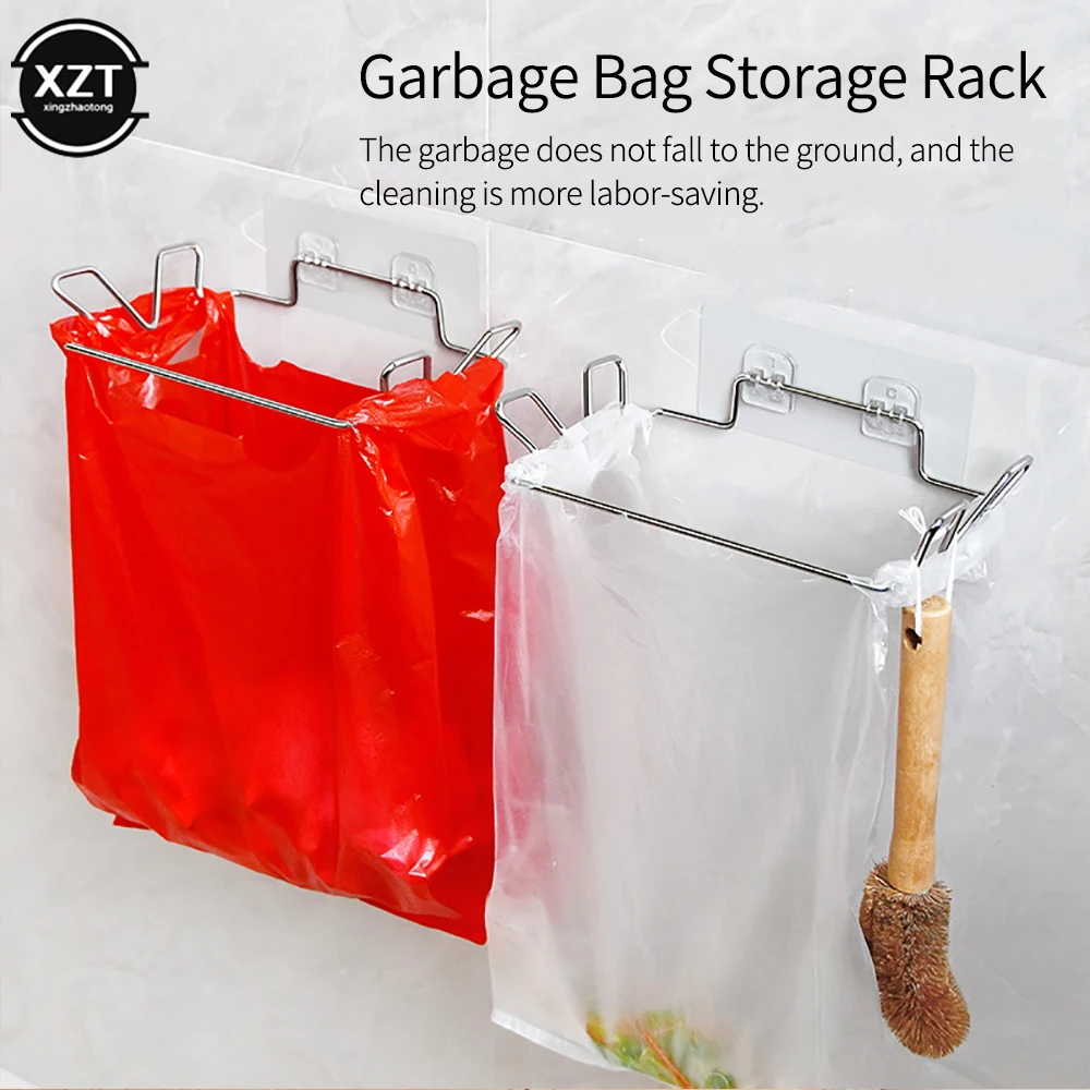 Kitchen Trash Rack Cabinet Door Garbage Bags Holder Stainless Steel Closet Garbage Storage Holder Garbage Bags Rack Holder