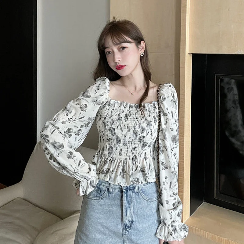 Blouses Women Students Summer Female Cropped Slim High Street Hot Sale Square Collar Colorful 2021 New Elegant Vintage All-match