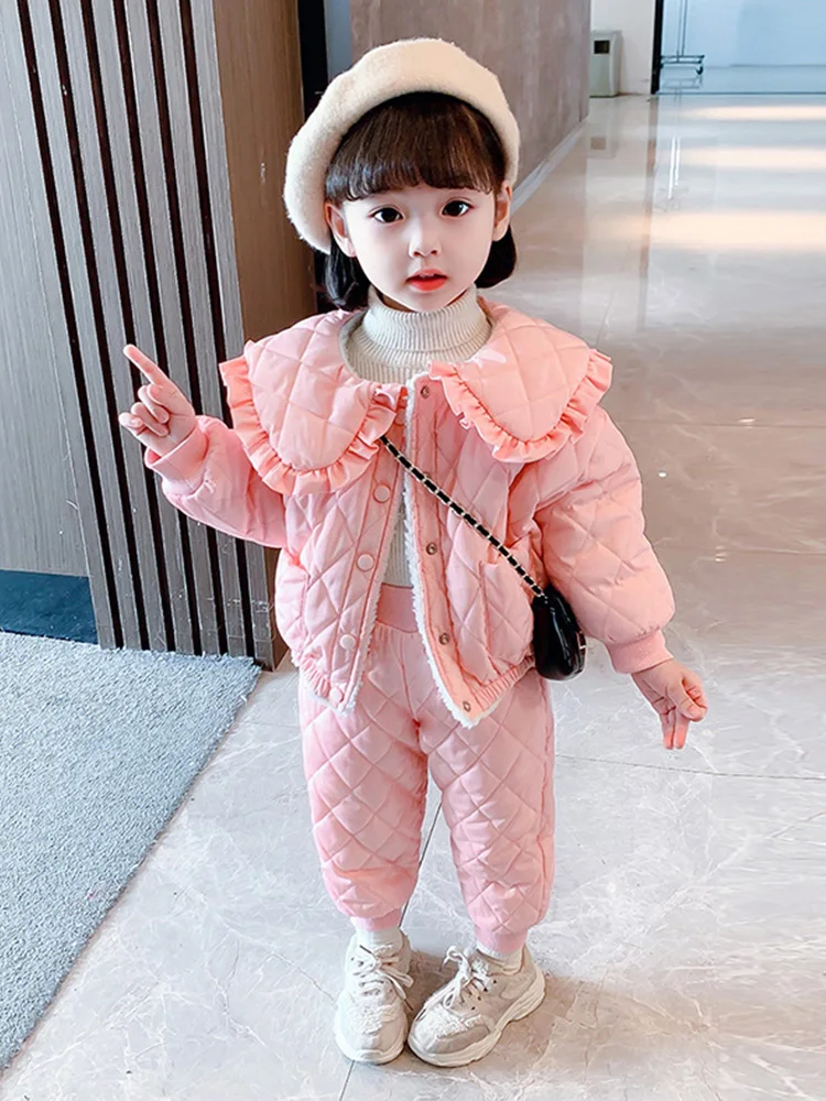 Sweet Girls Winter Clothes Set Thick Warm Double-sided Velvet Jacket+Pants 2Piece-Suits Fashion Children Princess Snowsuit