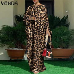 Women Kaftan Dress 2023 VONDA Summer Vintage Leopard Print Party Long Maxi Dress Casual Long Sleeve Pleated Robe Beach Vestidos