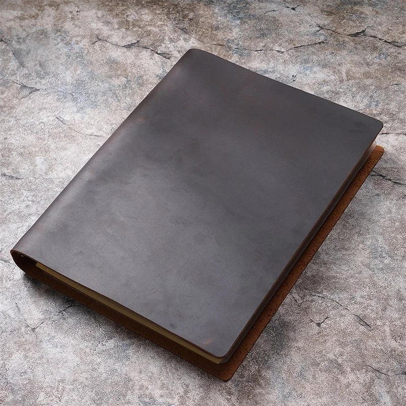 Big Notebook A4 Cowhide Leather Cover Sketchbook Office Retro Loose-leaf Notebook Gift Lined Blank Journal