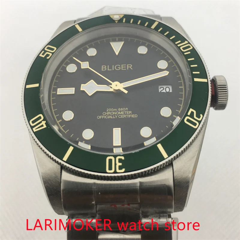 Bliger 41mm Automatic Men's Watc NH35 Sapphire Crystal Face Green Bezel Insert Bracelet Luminous Top Business Watch