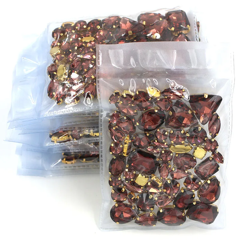 Wholesale 5 bags mixed shape sew on glass Crystal Wine red gold base  rhinestones diy dress/Clothing accessories