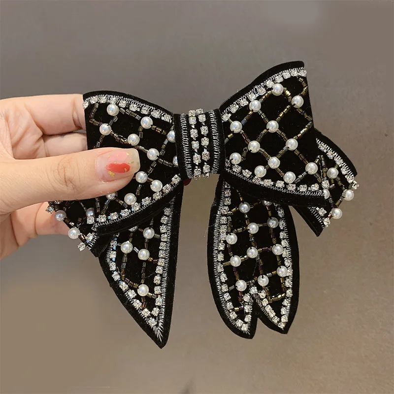 188CM Brand Oversized Pearl Ribbon Hair Clip Barrette Handmade Crystal Beaded Artistic Velvet Hair Accessories Clips Hairpins