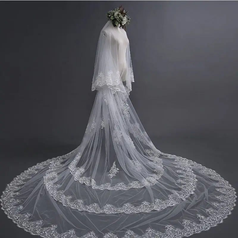 New Arrival Ivory Cathedral Wedding Veils Long Lace Appliques Bridal Veil with Comb Wedding Accessories Boda bride mariage