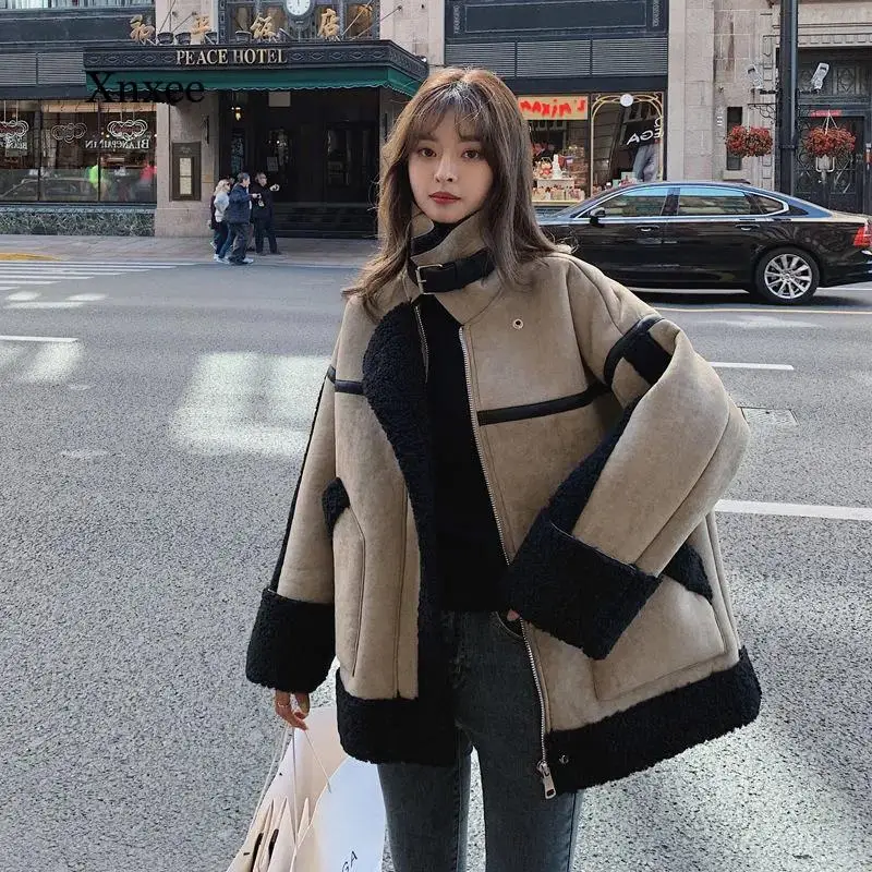 Faux Lamb ขนสัตว์ Coat Patchwork ฤดูหนาว Luxury Vintage ผู้หญิงใหม่เกาหลีแฟชั่น Thicken Warm Coat รถจักรยานยนต์หลวมสั้น