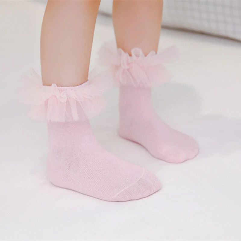 Baby Girls Lace Ruffle Socks Toddlers Children Princess Socks Soft Cotton Puffy Mesh Flower Red White Tube Kids Sock Calcetines