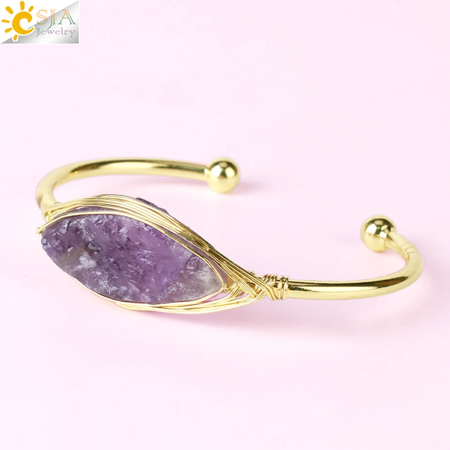CSJA Gem Stone Open Cuffs Bracelets Crystals Natural Stones Bangles Gold Color Wire Wrap Bracelet for Friend Bijoux Femme G866