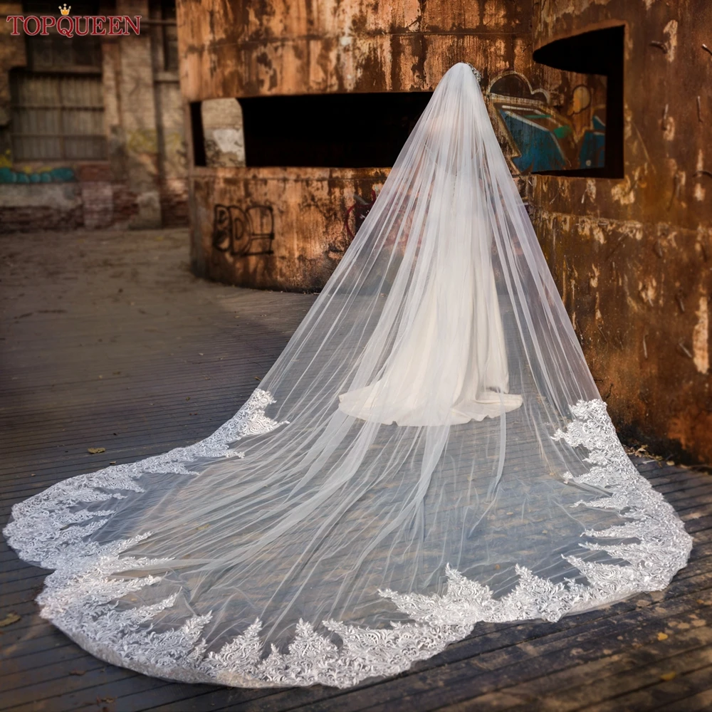 TOPQUEEN V92 Luxurious Bridal Cathedral Veil 4M Extra Long Shell Shape Embroidered Flower Lace Wedding Accessories Veil