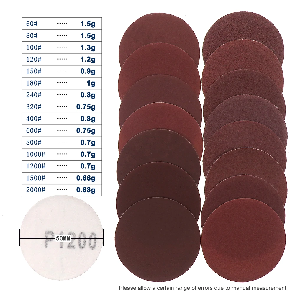50Pcs 2 Inch Sanding Disc Hook and Loop Sandpaper 50mm Aluminum Oxide 40-2000 Grits for Wood Mental Sanding Polishing