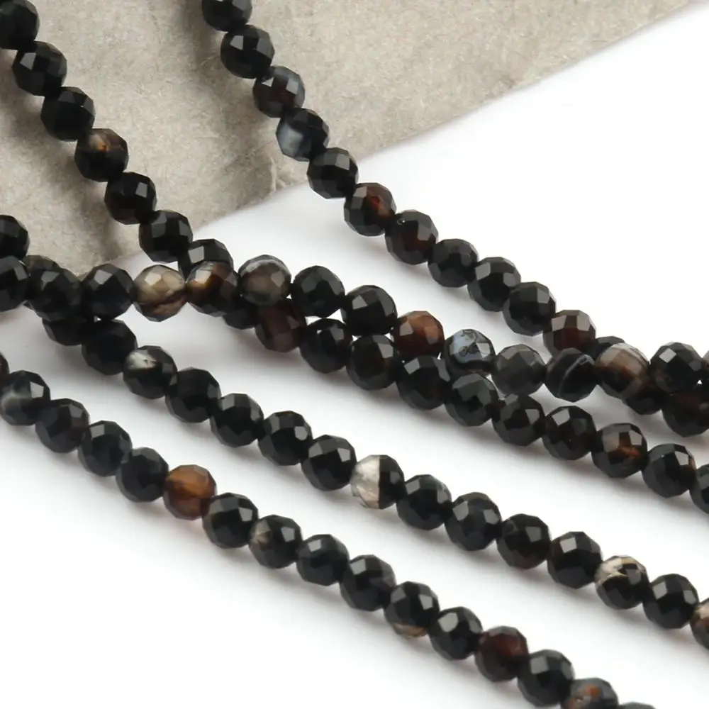 Natural Black Stripes Agates 2/3/4mm Faceted Loose Round Mineral Beads for Jewelry Making DIY Christmas Gift Bracelets 15inch