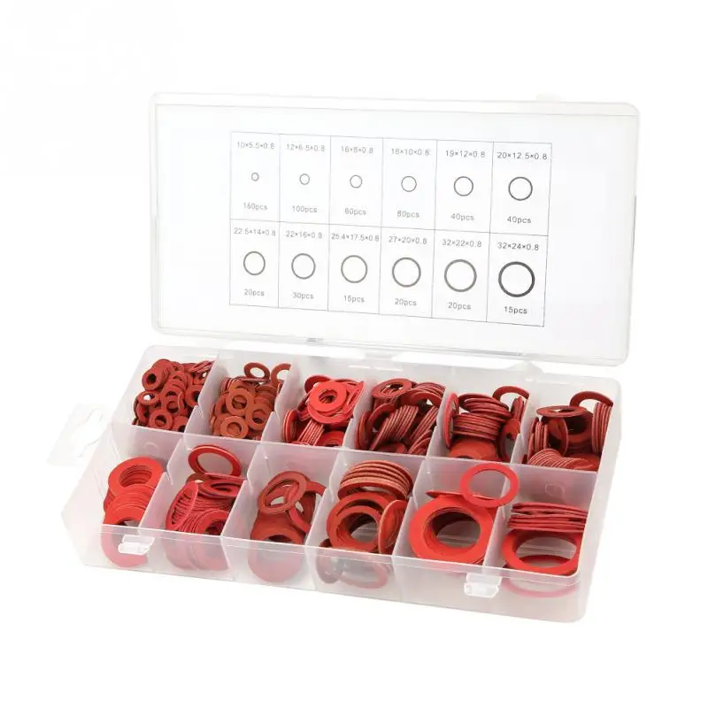 600pcs 12 Sizes Red Steel Paper Fiber Flat Washers Kit Insulation Copper Washer Gasket with Box Wholesale