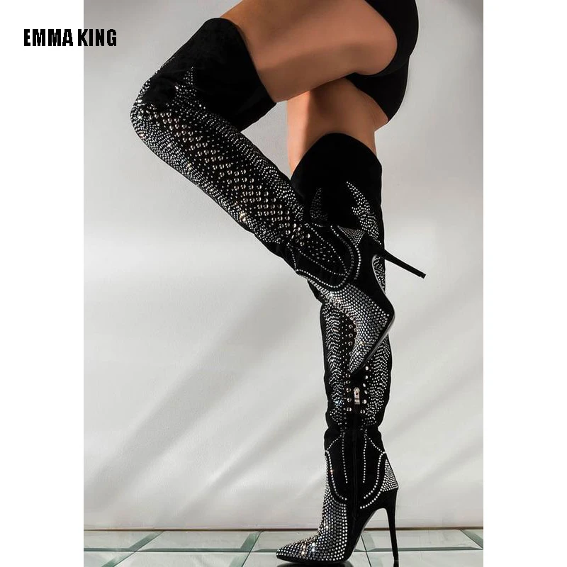 

EMMA KING Fashion women crystal decor Black Boots high heel Pointed Toe Zipper Up Catwalk Boots Women Design Shoes 2020