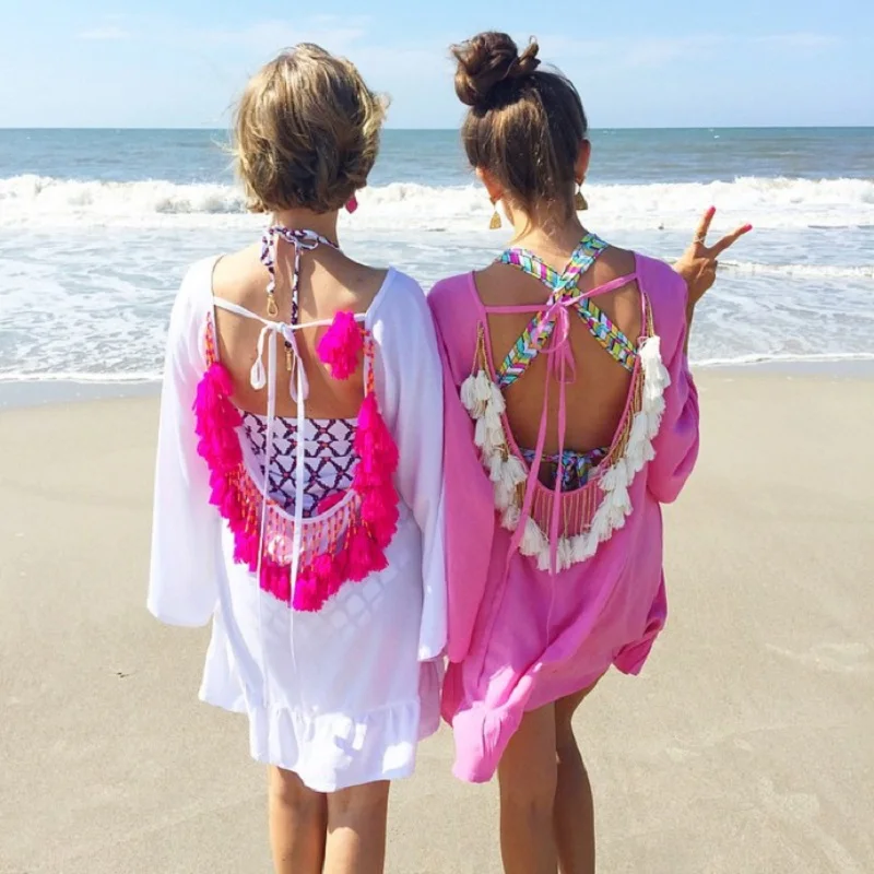 Sexy Hở Lưng Tua Rua Voan Thể Làm Móc Đồ Bơi Đi Biển Đầm Đồ Bơi Nữ Mùa Hè Nữ Cover-Bộ Lưu Điện Đi Biển Pareo