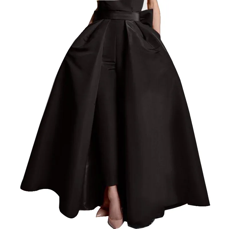 Black Detachable Satin Overskirt Skirt Satin Big Bow Waistband Floor Length Train Removable Wedding Accessories Maxi Party Skirt