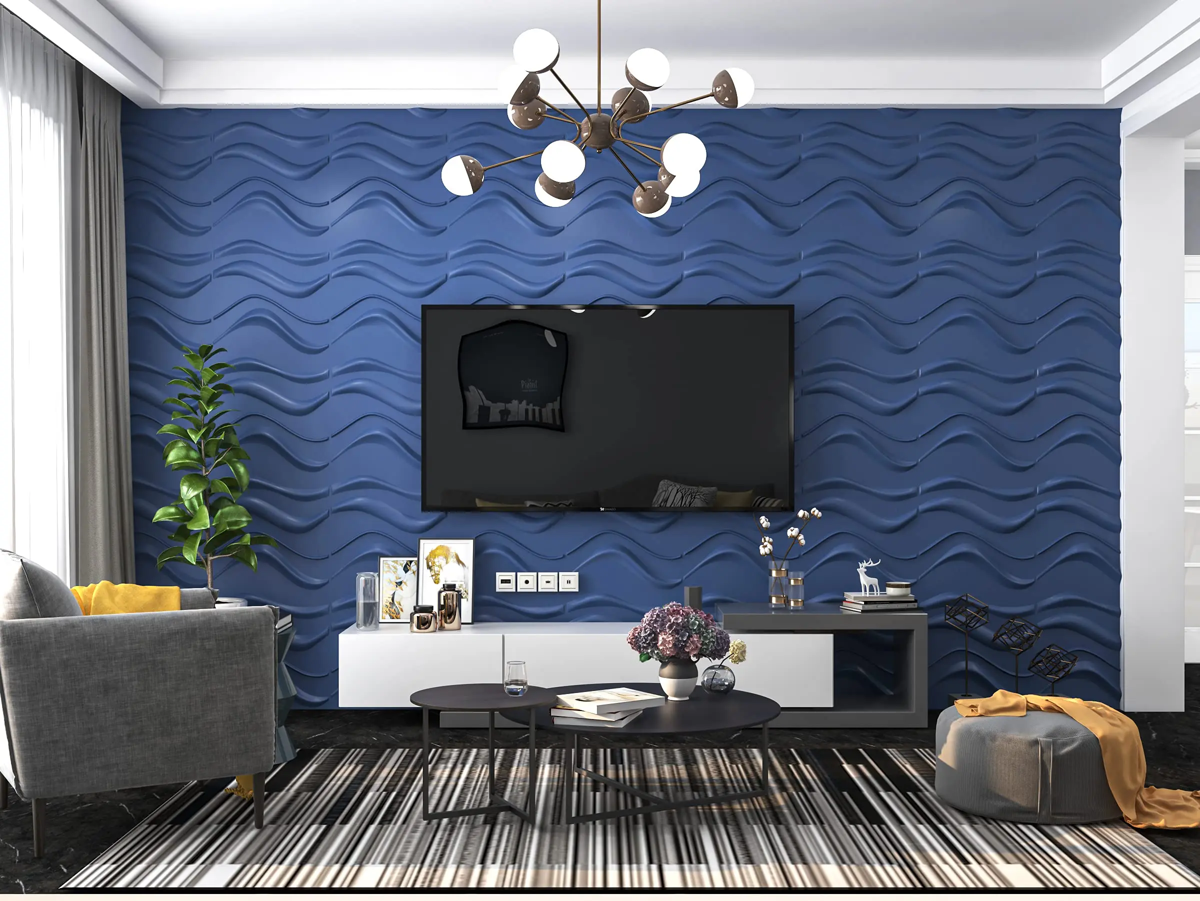 50x50cm Home Decoration Navy Blue 3D Wall Panel PVC Slim Wave for Living Room Bedroom,Lobby,Office,Shopping Mall (12PCS)