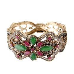Sunspicems Antique Gold Color Turkish Women Bangle Vintage Wedding Cuff Bracelet Full Rhinestone Symmetrical Pattern Arab Bijoux