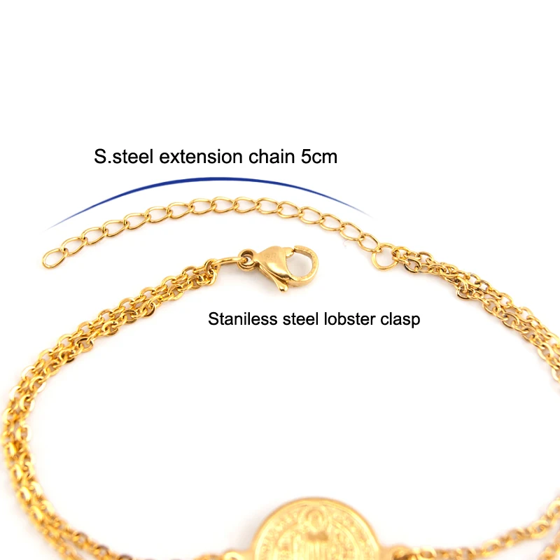 Simsimi double layers Saint Benedict and Cross charm golden Bracelet Women jewelry Rolo chain Stainless steel female bracelets