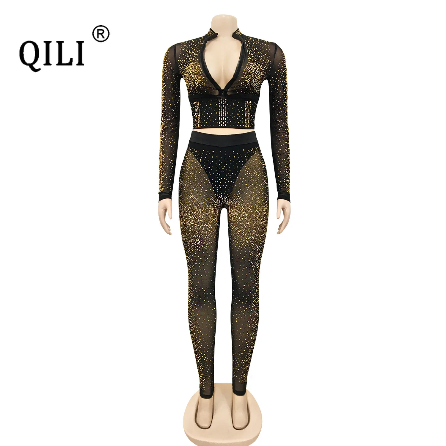 QILI See Through Mesh Diamonds Jumpsuits Women Two Piece Set Long Sleeve Jumpsuit Sexy Deep V Top and Pencil Pants Sets