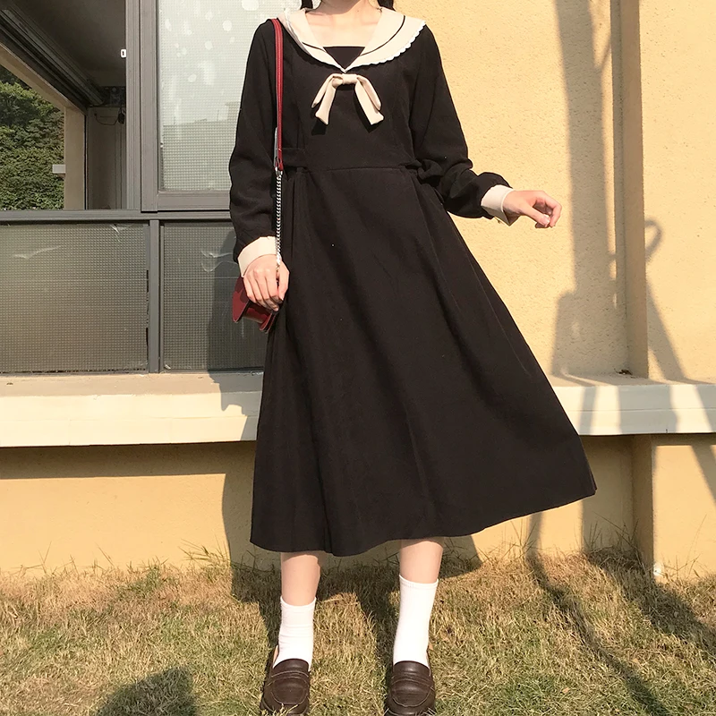 Japanese Style Sailor Collar Waist Slimming kawaii clothing sweet lolita dress Retro College  Long Sleeve Mid-Length Dress Tide