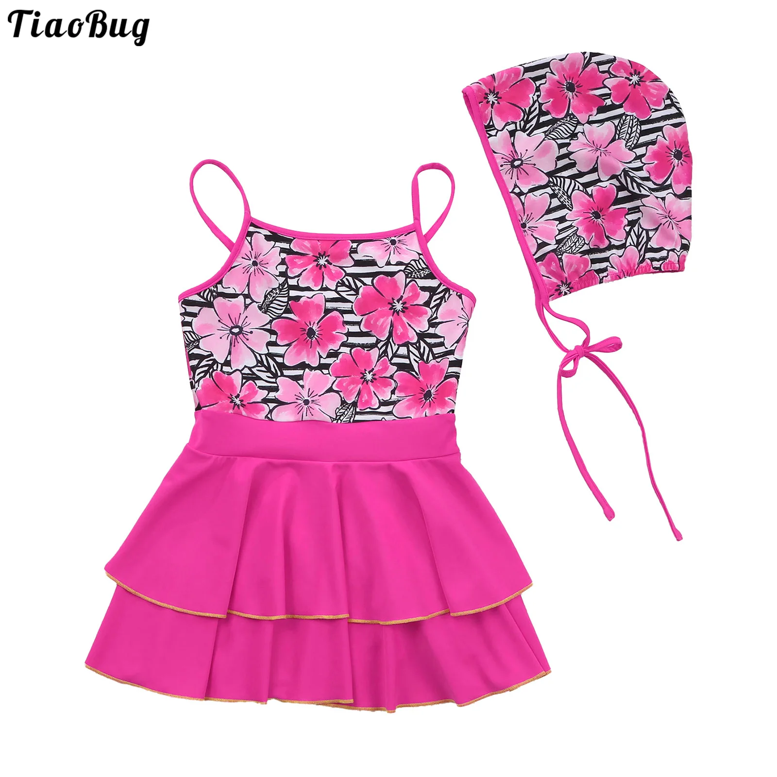 

TiaoBug Summer 2Pcs Kids Girls Swimming Suit Adjustable Straps Sleeveless Open Upper Back Layered Dress With Hat Beach Swimwear