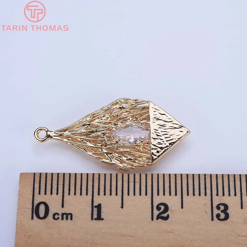 (581)4PCS 14x28MM 24K Gold Color Plated Brass with Zircon Drop Charms Pendants High Quality Diy Jewelry Accessories